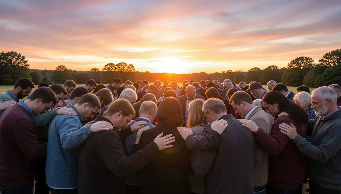 People gathered in prayer at sunset