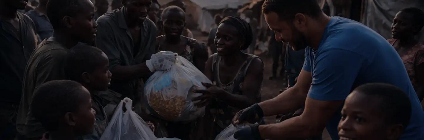 Aid worker distributing supplies to a community in Africa