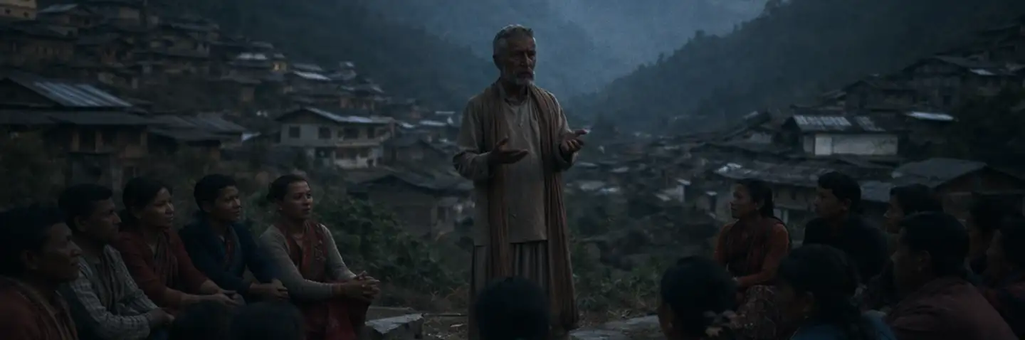 Ministry leader preaching to a gathered community in a Nepalese village